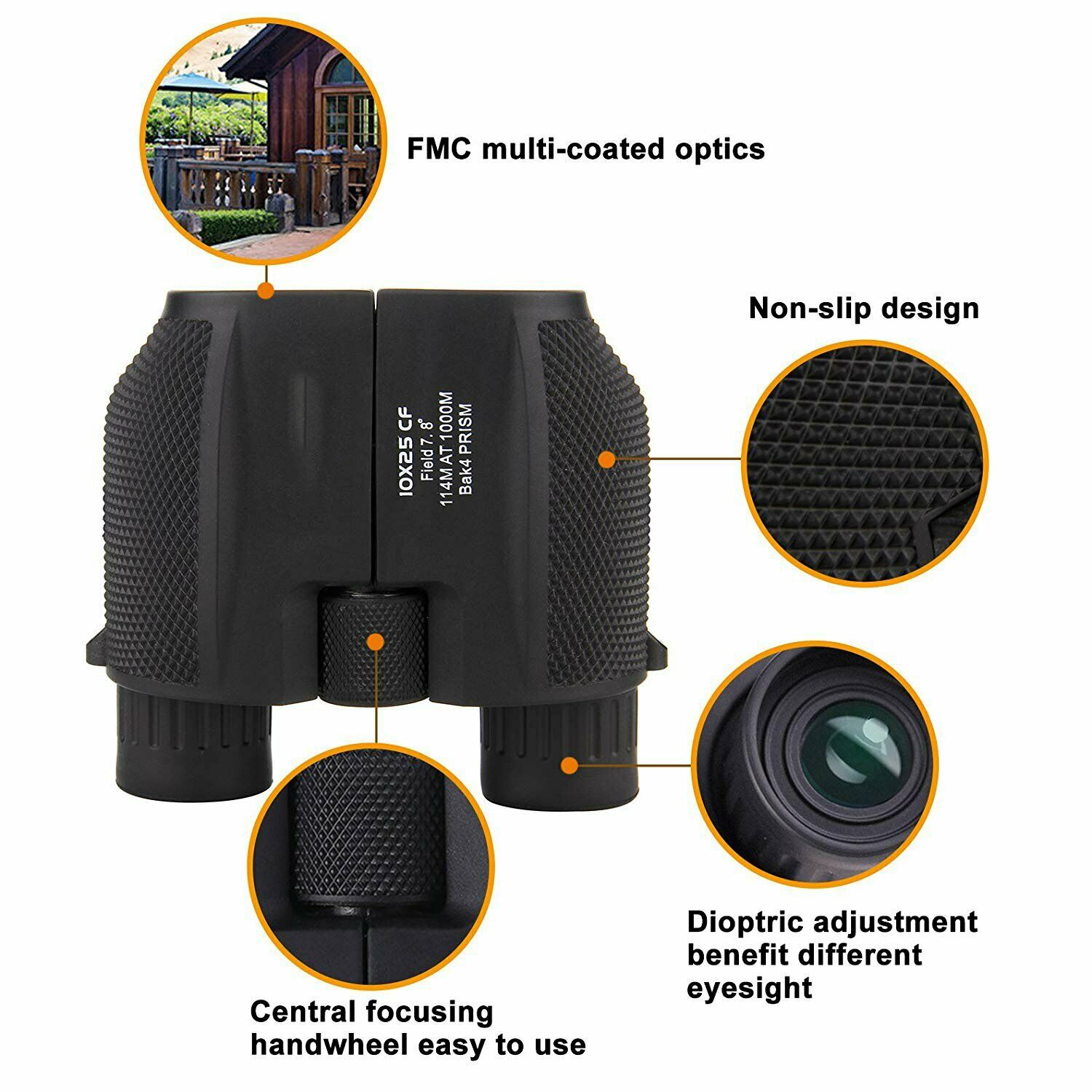 Compact Αδιάβροχα Κιάλια Near Focus BAK4 Wide Angle 10x25 Υψηλής Φωτεινότητας με Ρύθμιση Μυωπίας